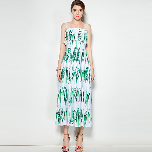 

Women's Strap Dress Knee Length Dress Green Sleeveless Tropical Leaf Plants Print Spring Summer Boho Party Going out S L XL