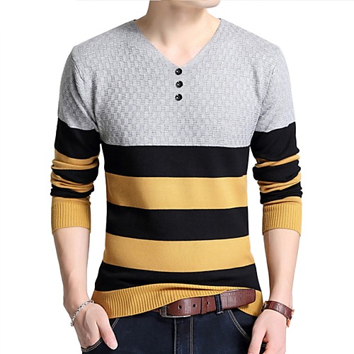 

Men's Striped Pullover Long Sleeve Regular Sweater Cardigans V Neck Spring Winter Black Yellow Gray / Work