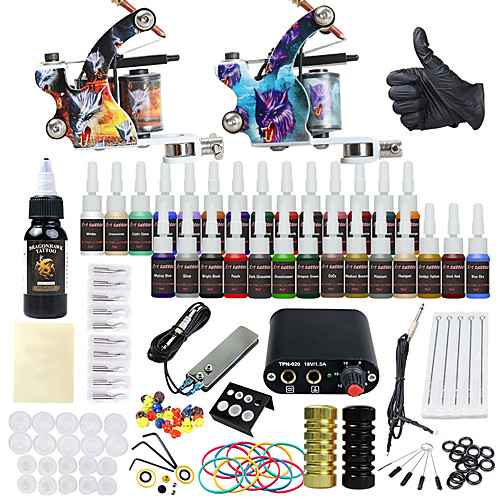 

DRAGONHAWK Tattoo Machine Starter Kit - 2 pcs Tattoo Machines with 1 x 30 ml / 28 x 5 ml tattoo inks, Voltage Adjustable, Best Quality, Easy to Setup Alloy Mini power supply Case Not Included 2 alloy