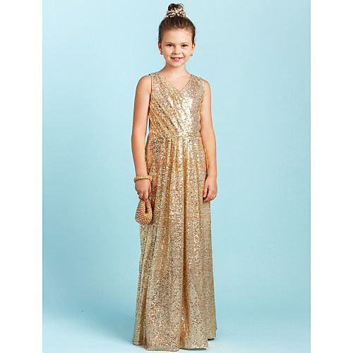 

Princess / A-Line V Neck Floor Length Sequined Junior Bridesmaid Dress with Pleats / Sequin