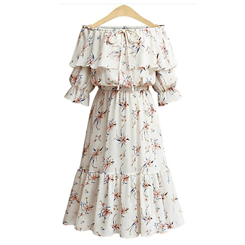 

Women's Chiffon Dress Knee Length Dress White Yellow Half Sleeve Ruffle Print Spring Summer Boat Neck Vintage Boho Lantern Sleeve Off Shoulder XL XXL 3XL 4XL 5XL