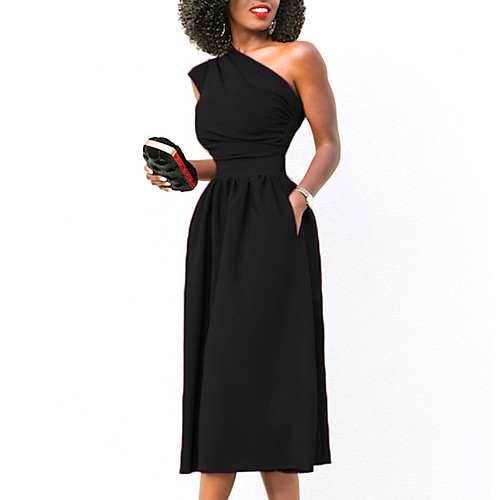 

Women's Midi Dress Black Blue Red Sleeveless Red Solid Colored Fall Summer One Shoulder S M L XL