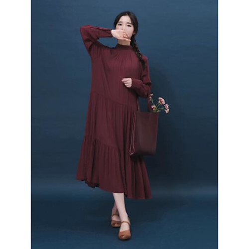 

Women's Swing Dress Maxi long Dress Red Yellow Long Sleeve Solid Colored Fall Stand Collar Cotton M L XL