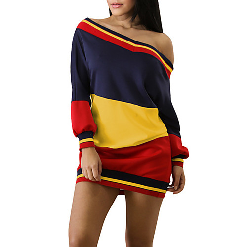 

Women's Sheath Dress Short Mini Dress White Yellow Long Sleeve Striped Color Block Backless Fall Spring Boat Neck Streetwear Cold Shoulder Off Shoulder S M L XL