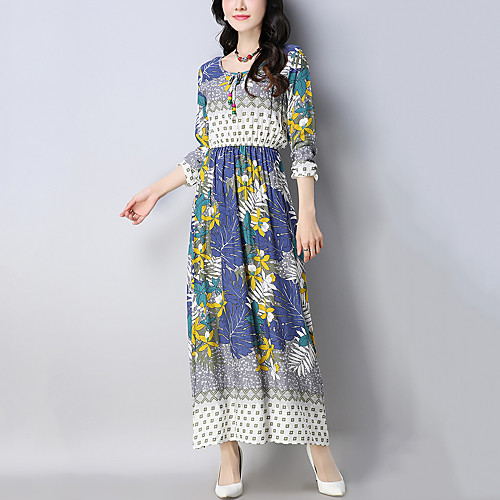 

Women's Swing Dress Maxi long Dress Red Royal Blue Long Sleeve Floral Pleated Print Spring Round Neck Chinoiserie Boho Cotton M L XL XXL