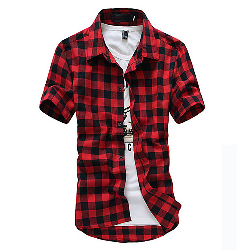 

Men's Shirt Check Short Sleeve Daily Tops Cotton Black Blue Red