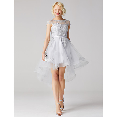 

A-Line Floral High Low Cute Homecoming Cocktail Party Dress Illusion Neck Short Sleeve Asymmetrical Tulle with Sash / Ribbon Appliques 2021