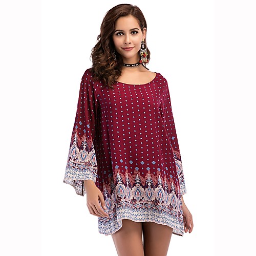 

Women's Loose Short Mini Dress Wine Navy Blue 3/4 Length Sleeve Print Spring Summer Round Neck Boho Cotton M L XL XXL 3XL / Plus Size
