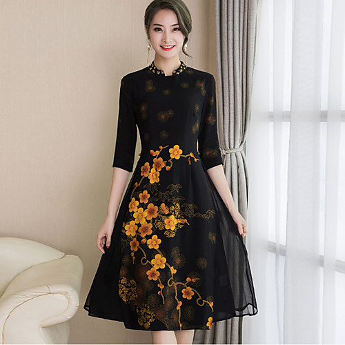 

Women's Sheath Dress Midi Dress Black Half Sleeve Floral Split Print Spring Stand Collar Sophisticated M L XL XXL