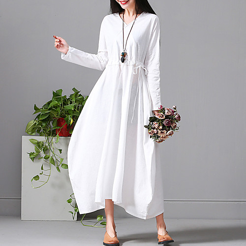 

Women's Loose Maxi long Dress White Red Long Sleeve White Solid Color Ruched Spring V Neck Chinoiserie Cotton M L XL XXL