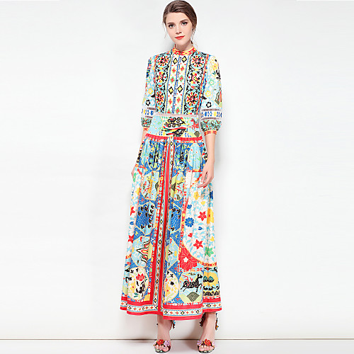 

Women's Swing Dress Maxi long Dress Rainbow Half Sleeve Floral Spring Summer Stand Collar Basic Boho Party Cotton Floral S M L XL / Plus Size / Plus Size