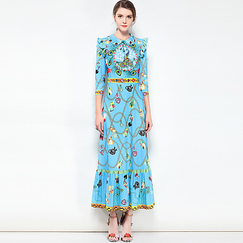 

Women's Swing Dress Maxi long Dress Blue 3/4 Length Sleeve Floral Spring Summer Shirt Collar Basic Boho Party Cotton Ruffle S M L XL