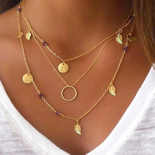 

Pendant Necklace Layered Necklace Women's Layered Leaf Casual Multi Layer Gold Silver Necklace Jewelry 1pc for Party Gift Circle