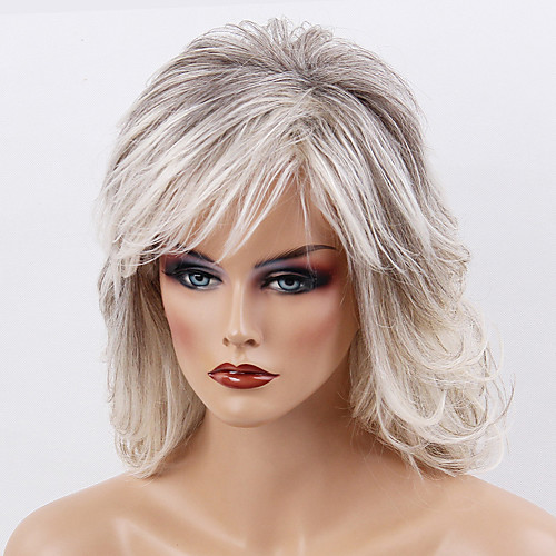 

Human Hair Wig Medium Length Wavy Wavy Ombre Ombre Hair Side Part Machine Made Women's Black / Grey