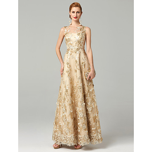 

Ball Gown A-Line Mother of the Bride Dress Illusion Detail Illusion Neck Floor Length All Over Lace Polyester Sleeveless with Pleats Appliques 2021