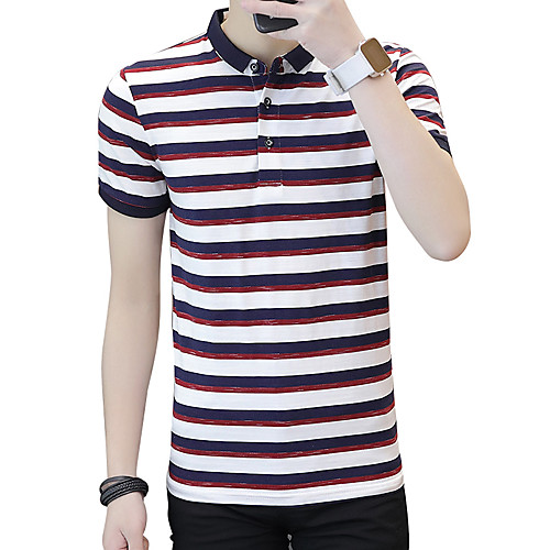 

Men's Polo Striped Short Sleeve Daily Tops Cotton Streetwear White Red Gray