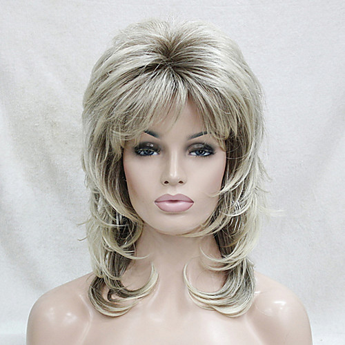 

Synthetic Wig Wavy Wavy Layered Haircut With Bangs Wig Blonde Medium Length Blonde Synthetic Hair Women's Blonde Hivision