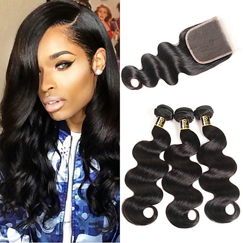 

3 Bundles with Closure Hair Weaves Brazilian Hair Body Wave Human Hair Extensions Remy Human Hair 100% Remy Hair Weave Bundles 345 g Natural Color Hair Weaves / Hair Bulk Human Hair Extensions 8-28