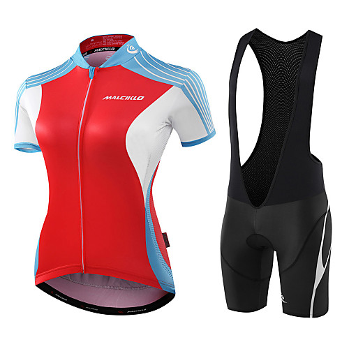 

Malciklo Women's Short Sleeve Cycling Jersey with Bib Shorts Red / White Black / Red Geometic Leaf Bike Jersey Bib Tights Padded Shorts / Chamois Breathable Anatomic Design Reflective Strips