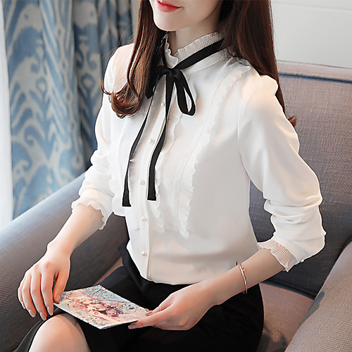 

Women's Blouse Solid Colored Bow Long Sleeve Daily Tops Active White