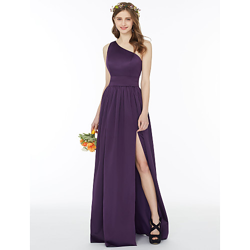 

Ball Gown / A-Line One Shoulder Floor Length Chiffon Bridesmaid Dress with Sash / Ribbon / Pleats / Split Front