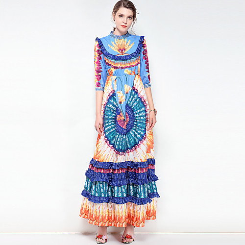 

Women's Swing Dress Maxi long Dress Rainbow Half Sleeve Floral Spring Summer Stand Collar Basic Boho Party Cotton S M L XL