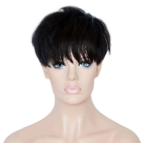 

Human Hair Wig Short Straight Pixie Cut With Bangs Straight Short Glueless Machine Made Women's Black#1B