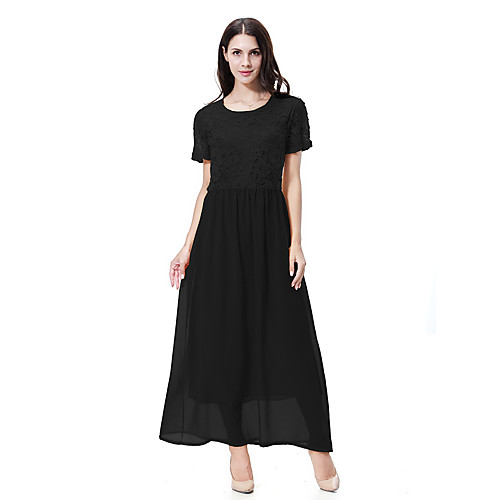 

Women's Loose Maxi long Dress Black Yellow Wine Light Blue Short Sleeves Solid Color Lace Summer Round Neck Basic Boho M L XL XXL