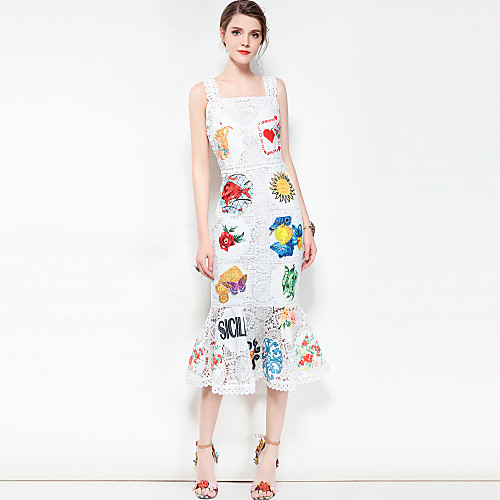 

Women's Strap Dress Knee Length Dress White Sleeveless Floral Color Block Print Spring Summer Boho Party Going out Lace S M L XL