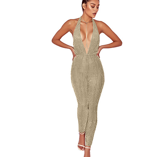 

Women's Basic Daily Club Halter Neck Backless Black Blushing Pink Gold Jumpsuit Solid Color Backless