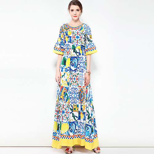 

Women's Loose Maxi long Dress Rainbow Half Sleeve Floral Color Block Spring Summer Round Neck Basic Boho Party Cotton S M L XL / Plus Size / Plus Size