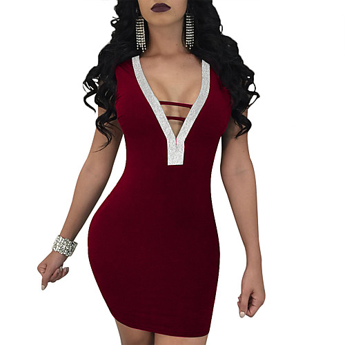 

Women's Bodycon Short Mini Dress Black Wine Royal Blue Sleeveless Solid Color Backless Spring Summer V Neck Streetwear S M L XL
