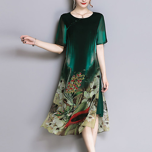 

Women's Chiffon Dress Midi Dress Green Short Sleeve Floral Print Spring Summer Round Neck L XL XXL 3XL 4XL / Plus Size