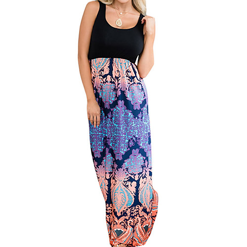 

Women's Loose Maxi long Dress White Black Purple Orange Sleeveless Color Block Basic Summer Round Neck Boho S M L XL