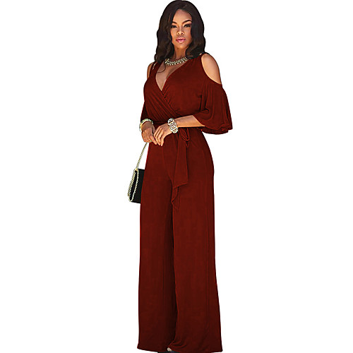 

Women's Streetwear Daily V Neck Wide Leg Black Wine Royal Blue Loose Jumpsuit Solid Colored Cut Out Basic / Sexy