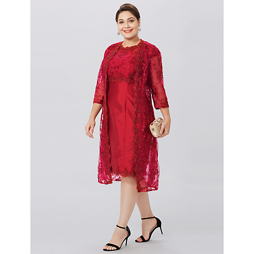 

Sheath / Column Mother of the Bride Dress Classic & Timeless Elegant & Luxurious Plus Size Jewel Neck Knee Length Taffeta All Over Lace 3/4 Length Sleeve with Appliques 2021