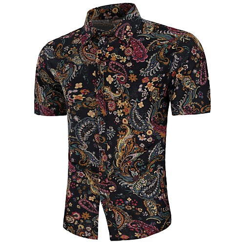 

Men's Plus Size Paisley Tribal Print Shirt - Linen Boho Vintage Daily Black / Summer / Short Sleeve