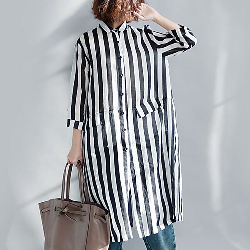 

Women's Shirt Striped Print Long Sleeve Daily Tops Basic Black