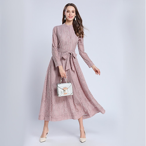 

Women's A Line Dress Midi Dress Blushing Pink Long Sleeve Dusty Rose Solid Colored Lace Spring Turtleneck Basic Going out Oversized M L XL