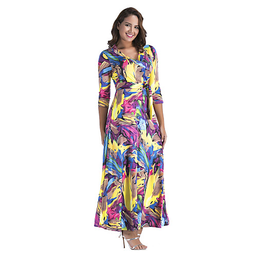 

Women's Sheath Dress Maxi long Dress Purple Yellow Long Sleeve Solid Colored Print Spring V Neck Cotton S M L XL