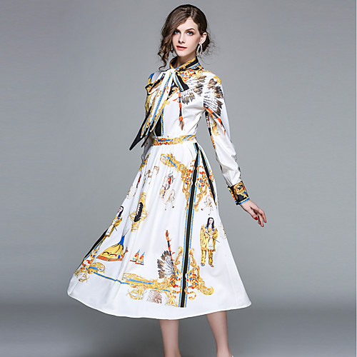 

Women's A Line Dress Midi Dress White Long Sleeve Geometric Spring Summer Stand Collar Vintage Streetwear Party Going out Slim S M L XL