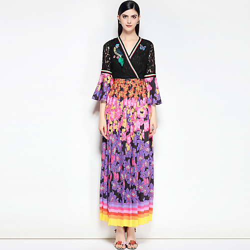 

Women's Swing Dress Maxi long Dress Black Half Sleeve Floral Color Block Basic Spring Summer V Neck Shirt Collar Boho Party Cotton Slim Flare Sleeve S M L XL
