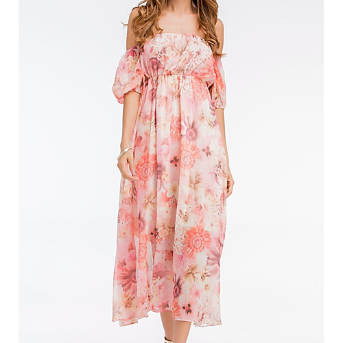 

Women's Swing Dress Maxi long Dress Blushing Pink Sleeveless Floral Spring Summer Off Shoulder Streetwear S M L