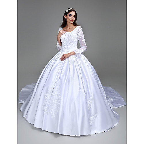 

Ball Gown Wedding Dresses Scoop Neck Sweep / Brush Train Satin Long Sleeve Simple Vintage See-Through with Beading Appliques 2021