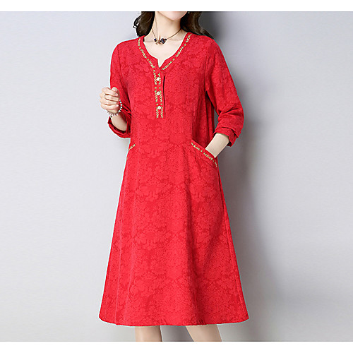 

Women's Sheath Dress Midi Dress Red Navy Blue Long Sleeve Solid Colored Embroidered Spring V Neck Basic Cotton L XL XXL