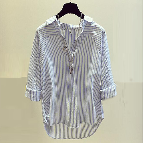 

Women's Shirt Striped Long Sleeve Going out Tops Cotton Streetwear Blue