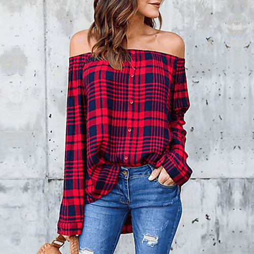 

Women's Holiday Shirt Plaid Check Long Sleeve Off Shoulder Tops Cotton Streetwear Basic Top Black Red / Going out