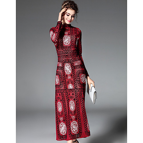 

Women's Loose Maxi long Dress Red Long Sleeve Floral Geometric Embroidered Spring Summer Crew Neck Sophisticated S M L XL XXL