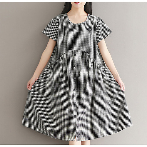 

Women's A Line Dress Knee Length Dress Black Short Sleeve Check Ruched Summer Round Neck Butterfly Sleeves Cotton M L XL XXL