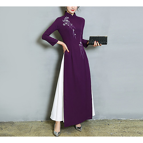 

Women's Sheath Dress Maxi long Dress Blue Purple Long Sleeve Patchwork Fall Winter Asymmetrical Chinoiserie M L XL XXL